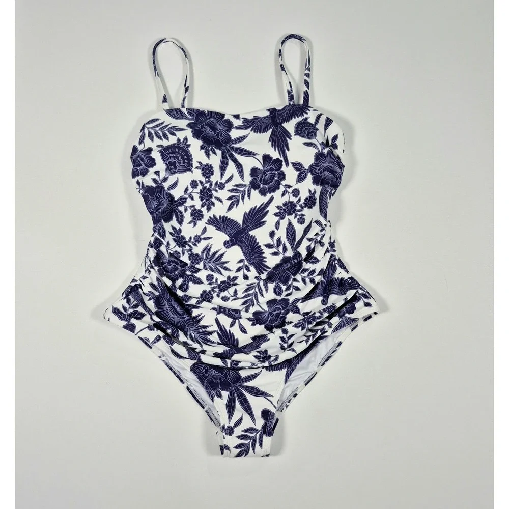 Cupshe Floral Bird Print One Piece‎ Swimsuit Navy White Tummy Control Large NWT